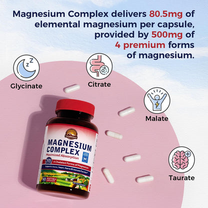 Vitalitown Magnesium Complex Supplement 500mg - NSF Certified Magnesium Glycinate, Malate, Taurate & Citrate - Chelated High Absorption & Gentle on Stomach - Vegan Non-GMO 120 Capsules - Maple Wellness Supplements