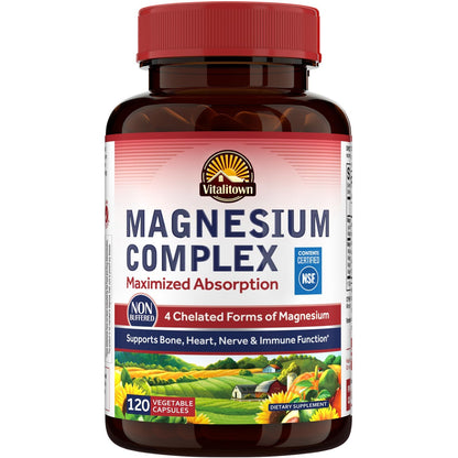 Vitalitown Magnesium Complex Supplement 500mg - NSF Certified Magnesium Glycinate, Malate, Taurate & Citrate - Chelated High Absorption & Gentle on Stomach - Vegan Non-GMO 120 Capsules - Maple Wellness Supplements