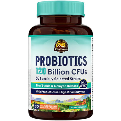 VITALITOWN Probiotics 120 Billion CFUs | 36 Strains, with Prebiotics & Digestive Enzymes for Men Women | Shelf Stable | Digestive Health & Immune Support - Maple Wellness Supplements