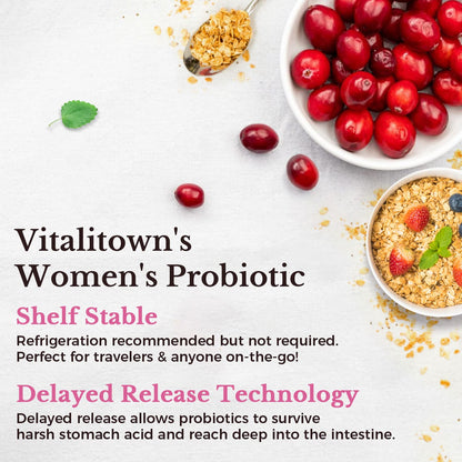 Vitalitown Probiotics for Women 120 Billion CFUs, 30 Strains, with Prebiotics & Digestive Enzymes & Cranberry, Gut & Vaginal Health, Vegan 30 - Maple Wellness Supplements