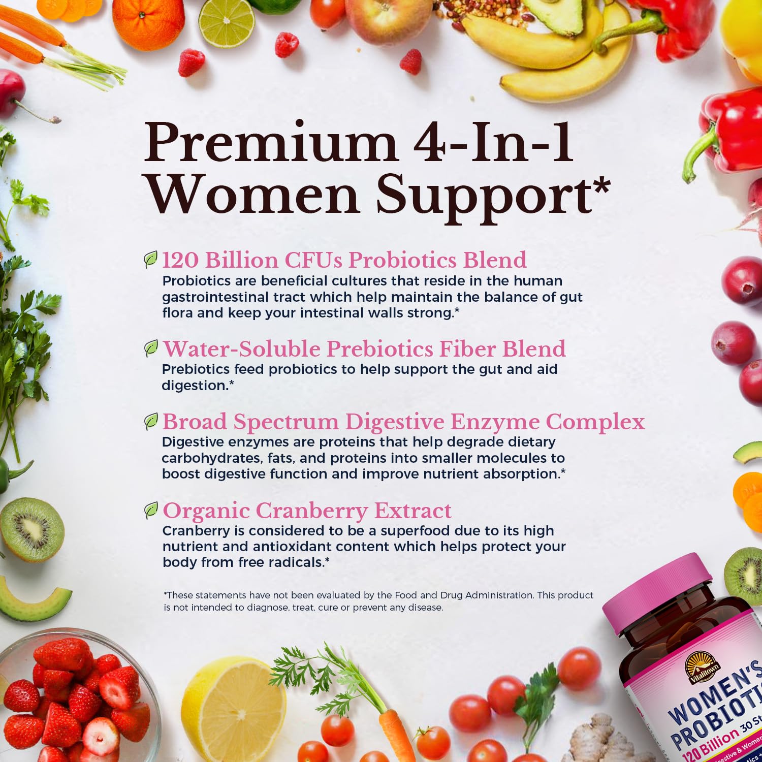 Vitalitown Probiotics for Women 120 Billion CFUs, 30 Strains, with Prebiotics & Digestive Enzymes & Cranberry, Gut & Vaginal Health, Vegan 30 - Maple Wellness Supplements