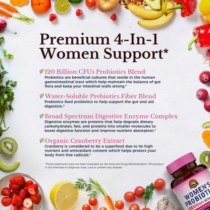 Vitalitown Probiotics for Women 120 Billion CFUs, 30 Strains, with Prebiotics & Digestive Enzymes & Cranberry, Gut & Vaginal Health, Vegan 30 - Maple Wellness Supplements