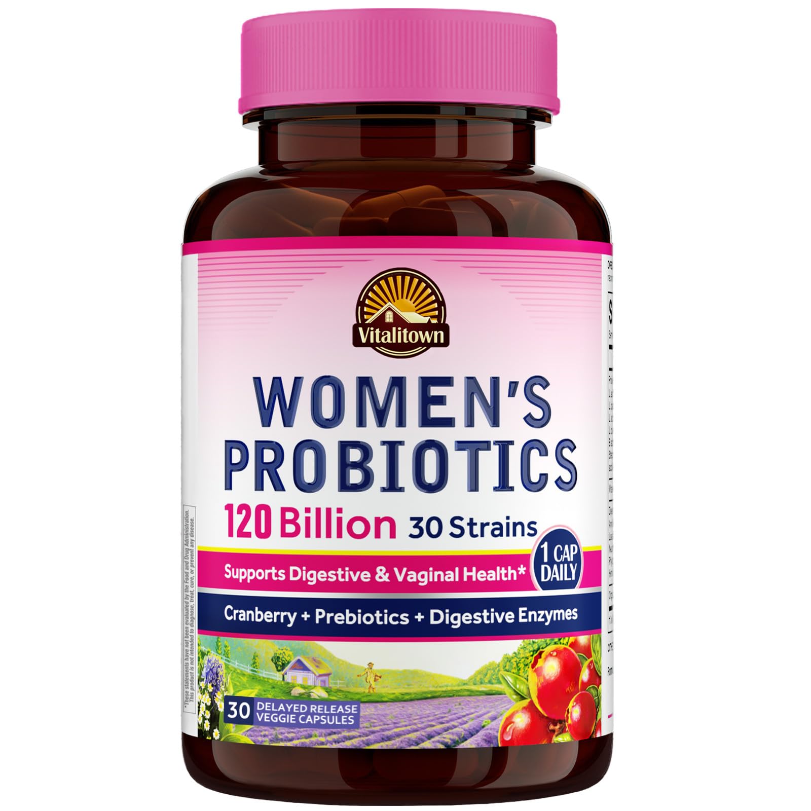 Vitalitown Probiotics for Women 120 Billion CFUs, 30 Strains, with Prebiotics & Digestive Enzymes & Cranberry, Gut & Vaginal Health, Vegan 30 - Maple Wellness Supplements