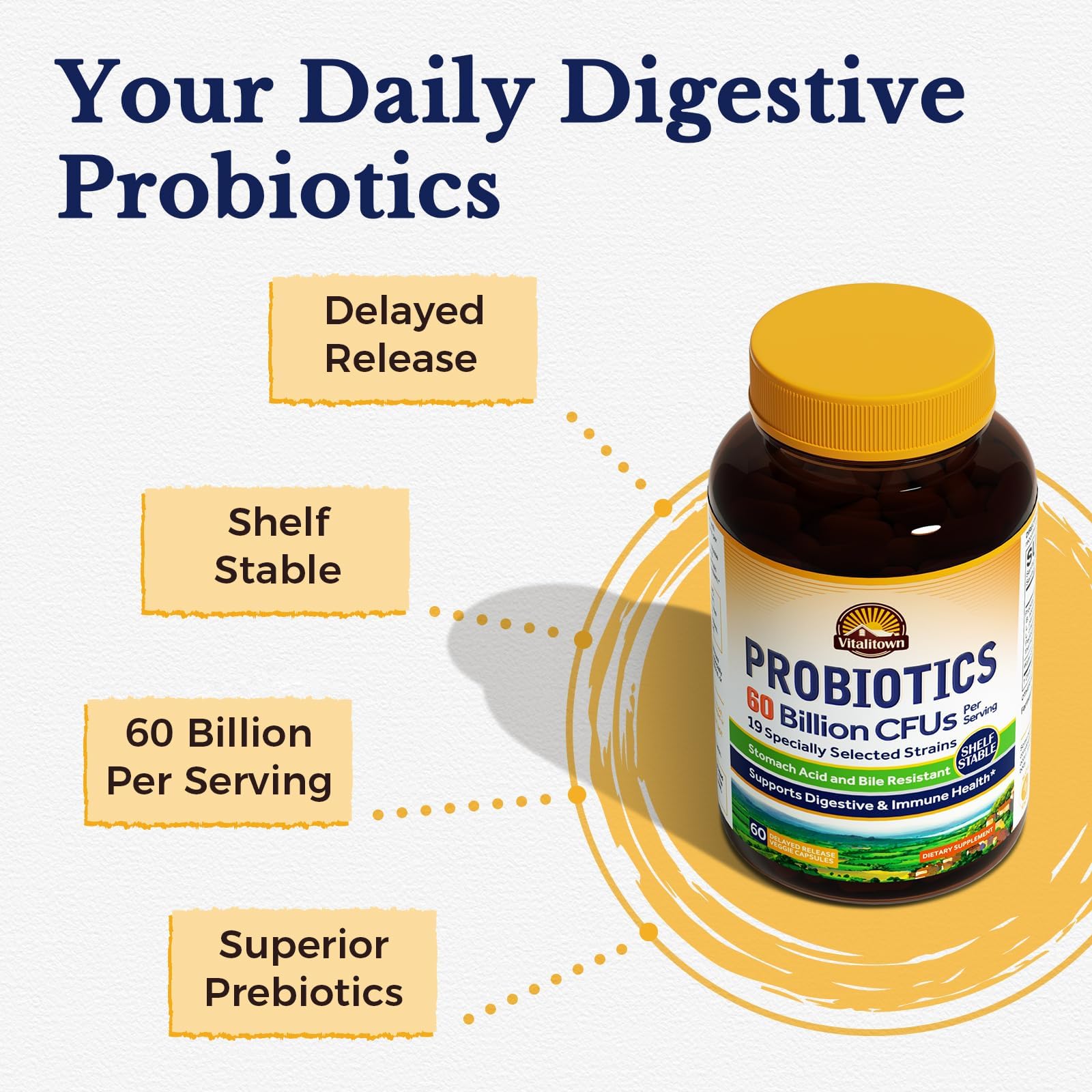 Vitalitown Probiotics + Prebiotics | 60 Billion CFUs 19 Strains | 60 Delayed Release Veg Caps | Shelf Stable, Prebiotics and Probiotics | Digestive Health - Maple Wellness Supplements