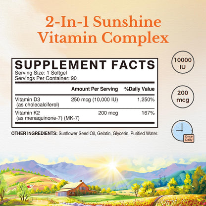 Vitalitown Vitamin D3 K2 Supplement, Vitamin D3 10000 IU Vitamin K2 (MK7) 200 mcg, 90 Softgels, Non-GMO, No Gluten & Soy - Maple Wellness Supplements