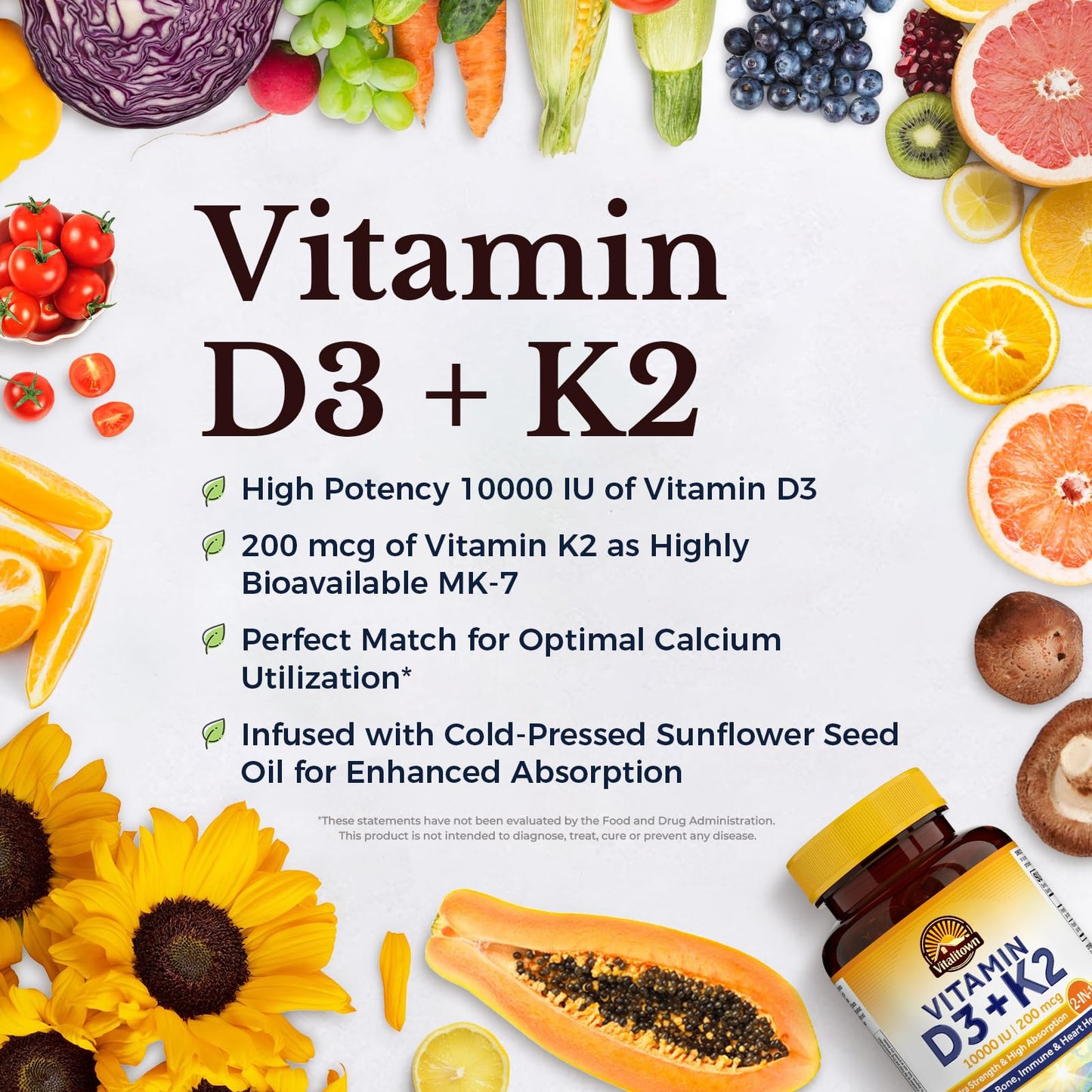 Vitalitown Vitamin D3 K2 Supplement, Vitamin D3 10000 IU Vitamin K2 (MK7) 200 mcg, 90 Softgels, Non-GMO, No Gluten & Soy - Maple Wellness Supplements
