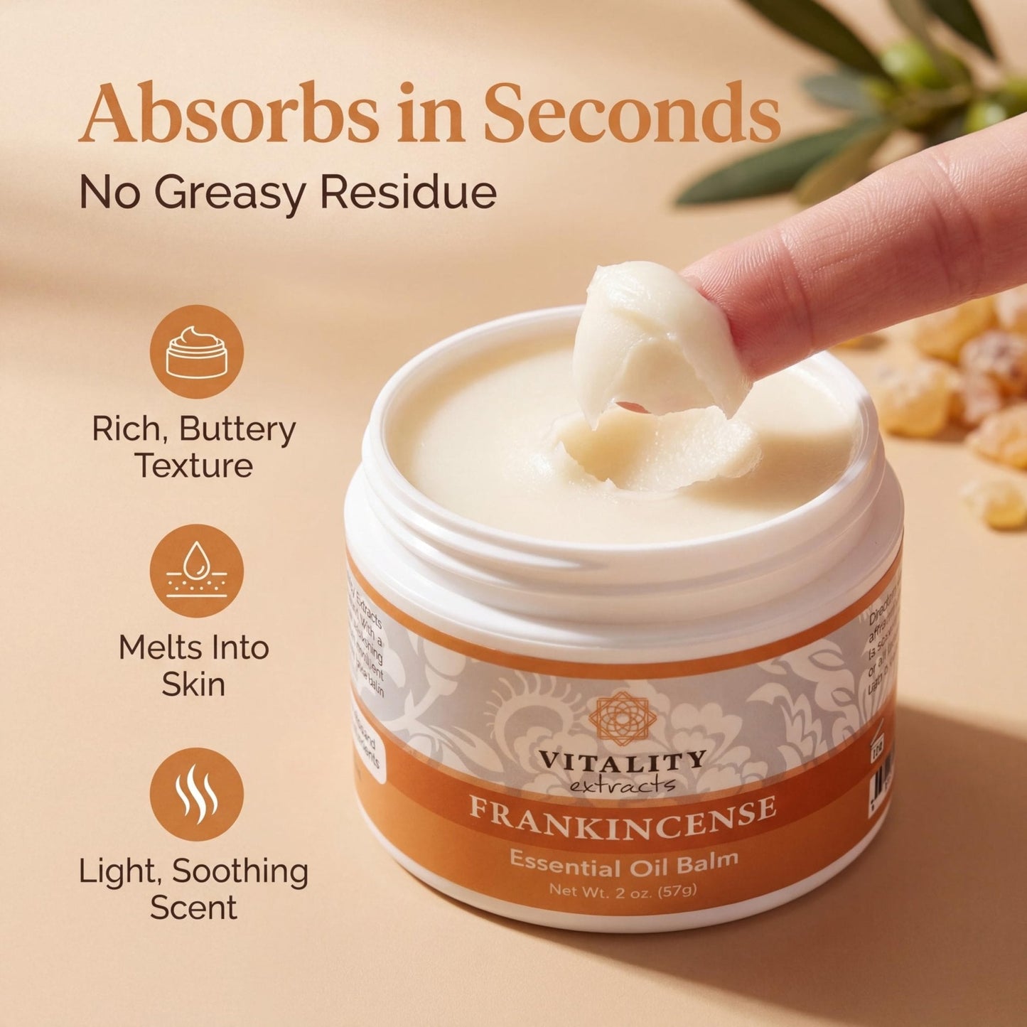 Vitality Extracts Frankincense Balm - 2oz, Boswellia Serrata, Beeswax, Olive Oil, Moisturizer for Dry, Cracked Skin, All Skin Types - Maple Wellness Supplements