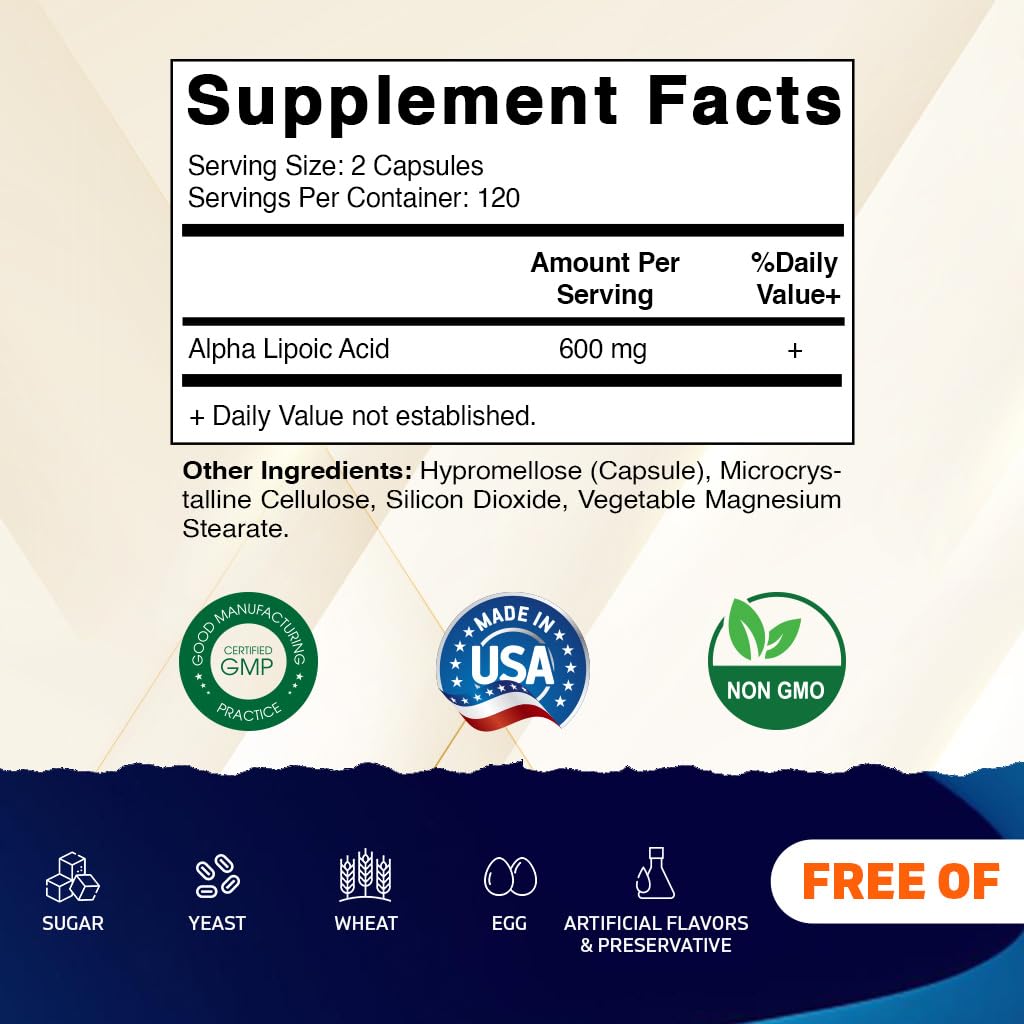 Vitamatic Alpha Lipoic Acid (ALA) 600mg Per Serving - 240 Vegetable Capsules - 120 Servings - Non-GMO & Gluten Free - Maple Wellness Supplements
