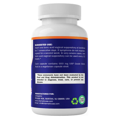 Vitamatic Boric Acid Vaginal Capsule Shell Suppositories 600 mg USP Grade Boric Acid in Vegetarian Capsule Shell - 60 Count - Maple Wellness Supplements