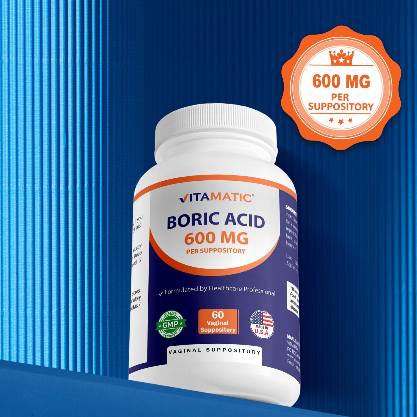 Vitamatic Boric Acid Vaginal Capsule Shell Suppositories 600 mg USP Grade Boric Acid in Vegetarian Capsule Shell - 60 Count - Maple Wellness Supplements