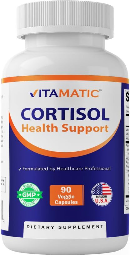 Vitamatic Cortisol Health Support - 90 Veggie Capsules - Made with Adaptogenic Blend with Ashwagandha, Rhodiola, Magnolia, L-Theanine, Phosphatidylserine - Maple Wellness Supplements
