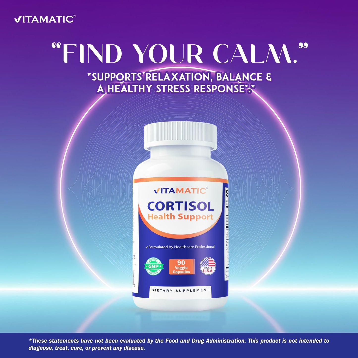 Vitamatic Cortisol Health Support - 90 Veggie Capsules - Made with Adaptogenic Blend with Ashwagandha, Rhodiola, Magnolia, L-Theanine, Phosphatidylserine - Maple Wellness Supplements