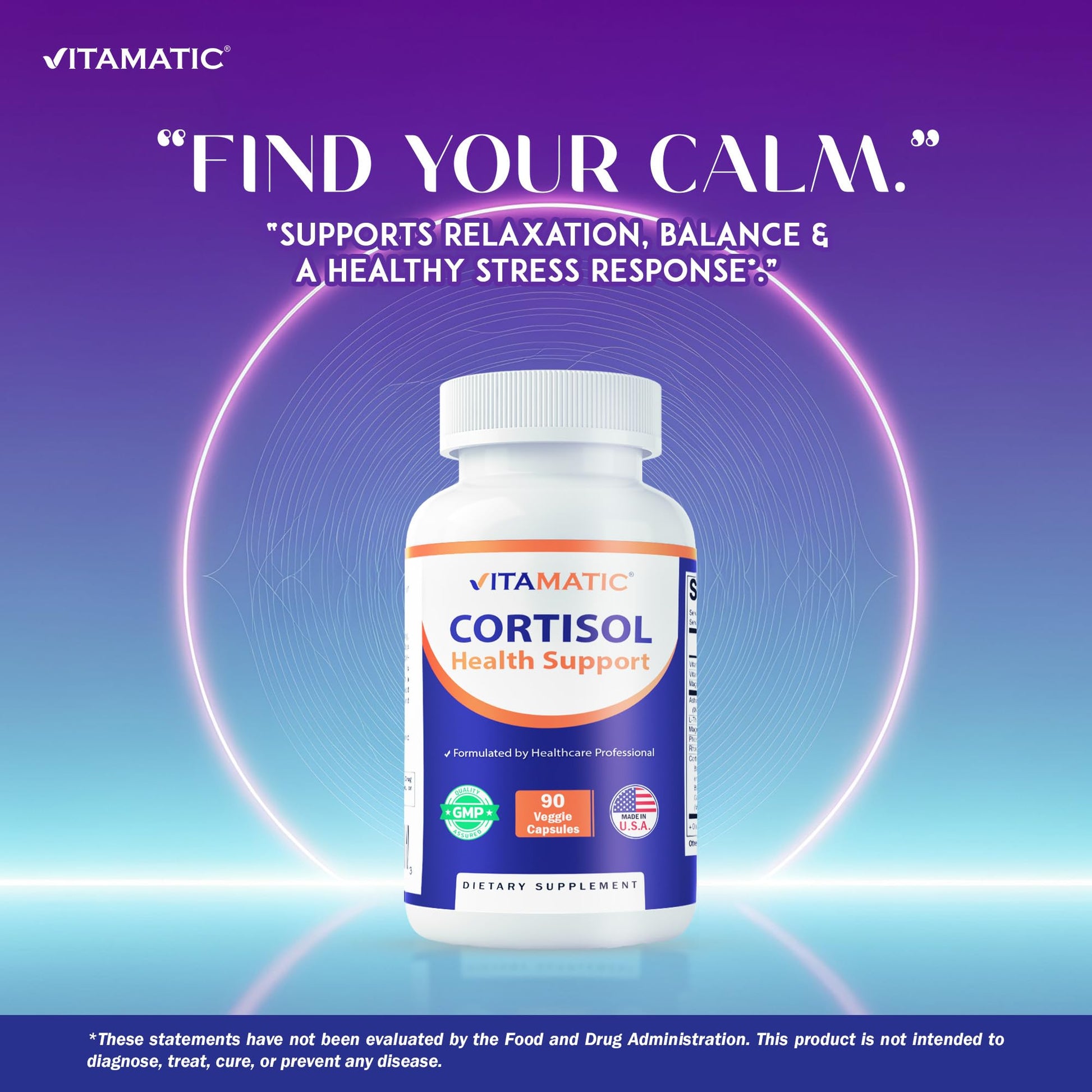 Vitamatic Cortisol Health Support - 90 Veggie Capsules - Made with Adaptogenic Blend with Ashwagandha, Rhodiola, Magnolia, L-Theanine, Phosphatidylserine - Maple Wellness Supplements