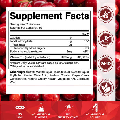 Vitamatic Extra Strength Vitamin B12 5000 mcg (Methyl B12) Gummies - 120 Count - Energy Metabolism Support and Nervous - Maple Wellness Supplements
