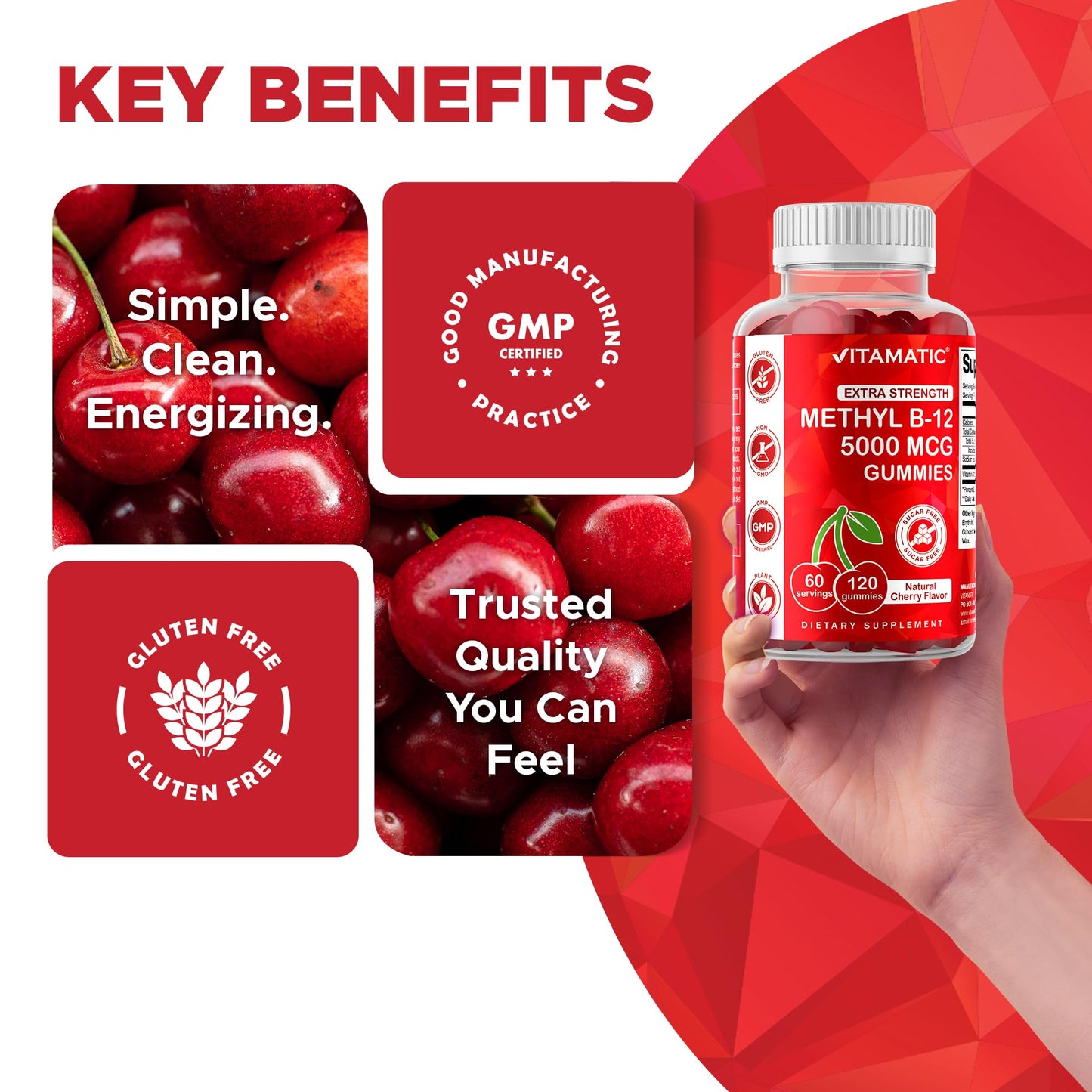 Vitamatic Extra Strength Vitamin B12 5000 mcg (Methyl B12) Gummies - 120 Count - Energy Metabolism Support and Nervous - Maple Wellness Supplements
