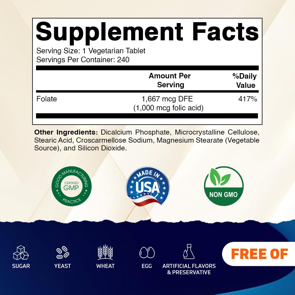 Vitamatic Folic Acid 1000 mcg (1 mg) - Vegetarian Tablets - 1667 mcg DFE - Vitamin B9 (240 Count (Pack of 1)) - Maple Wellness Supplements