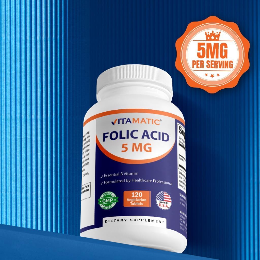 Vitamatic Folic Acid 5mg (5000 mcg) – 120 Vegetarian Tablets High Potency Vitamin B9 (Folate) for Cellular Health - Maple Wellness Supplements