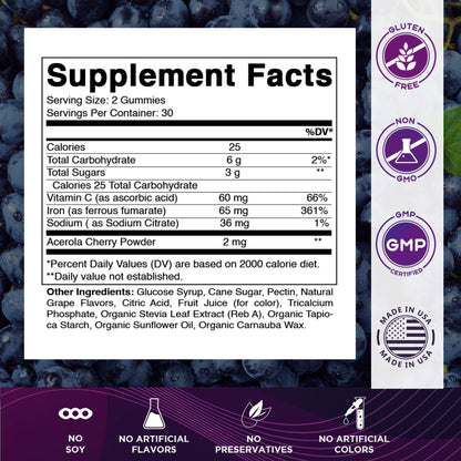 Vitamatic Iron 65 mg Gummies Supplement for Women & Men - 60 Vegan Gummies - Great Tasting Iron Gummy Vitamins with Vitamin C (1) - Maple Wellness Supplements