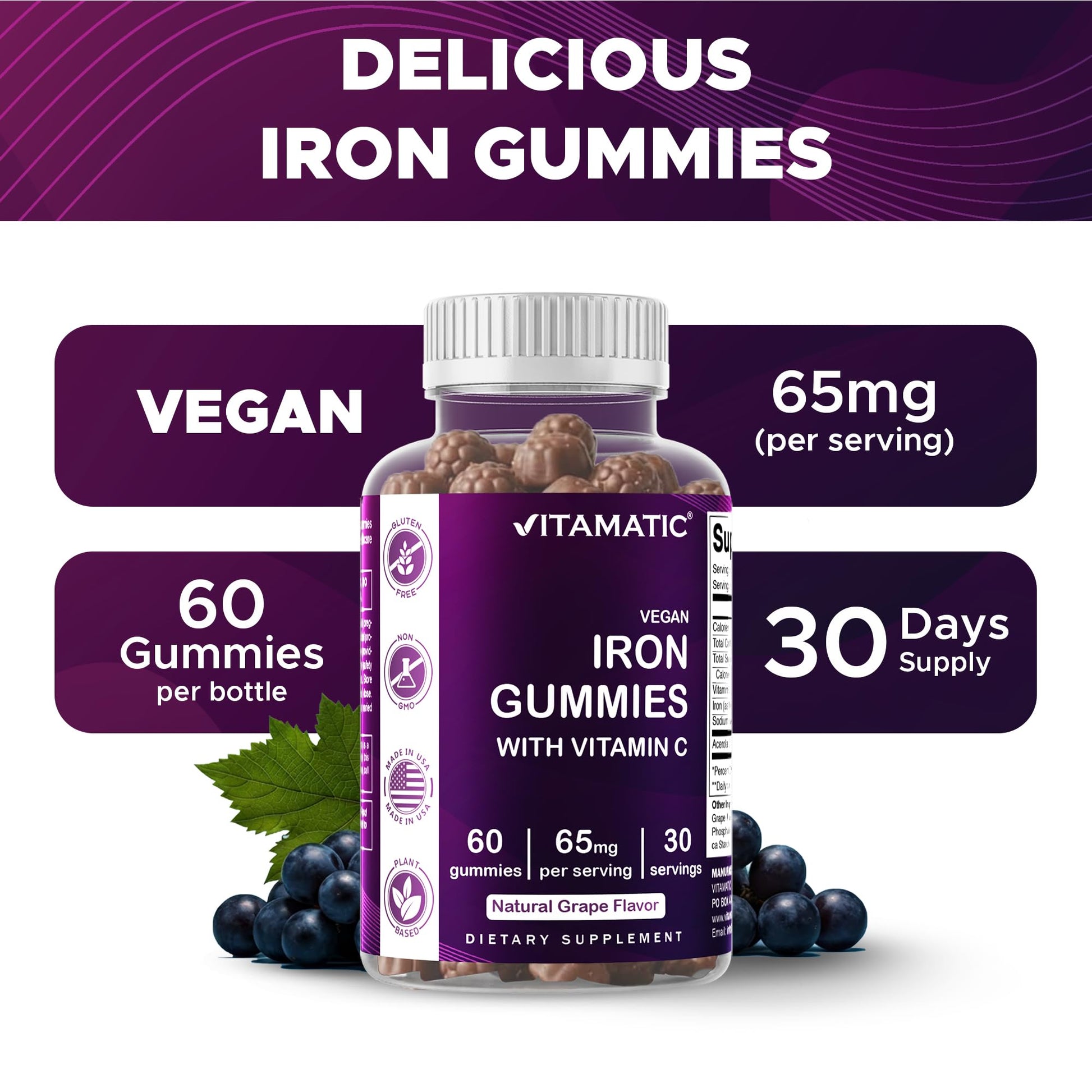 Vitamatic Iron 65 mg Gummies Supplement for Women & Men - 60 Vegan Gummies - Great Tasting Iron Gummy Vitamins with Vitamin C (1) - Maple Wellness Supplements