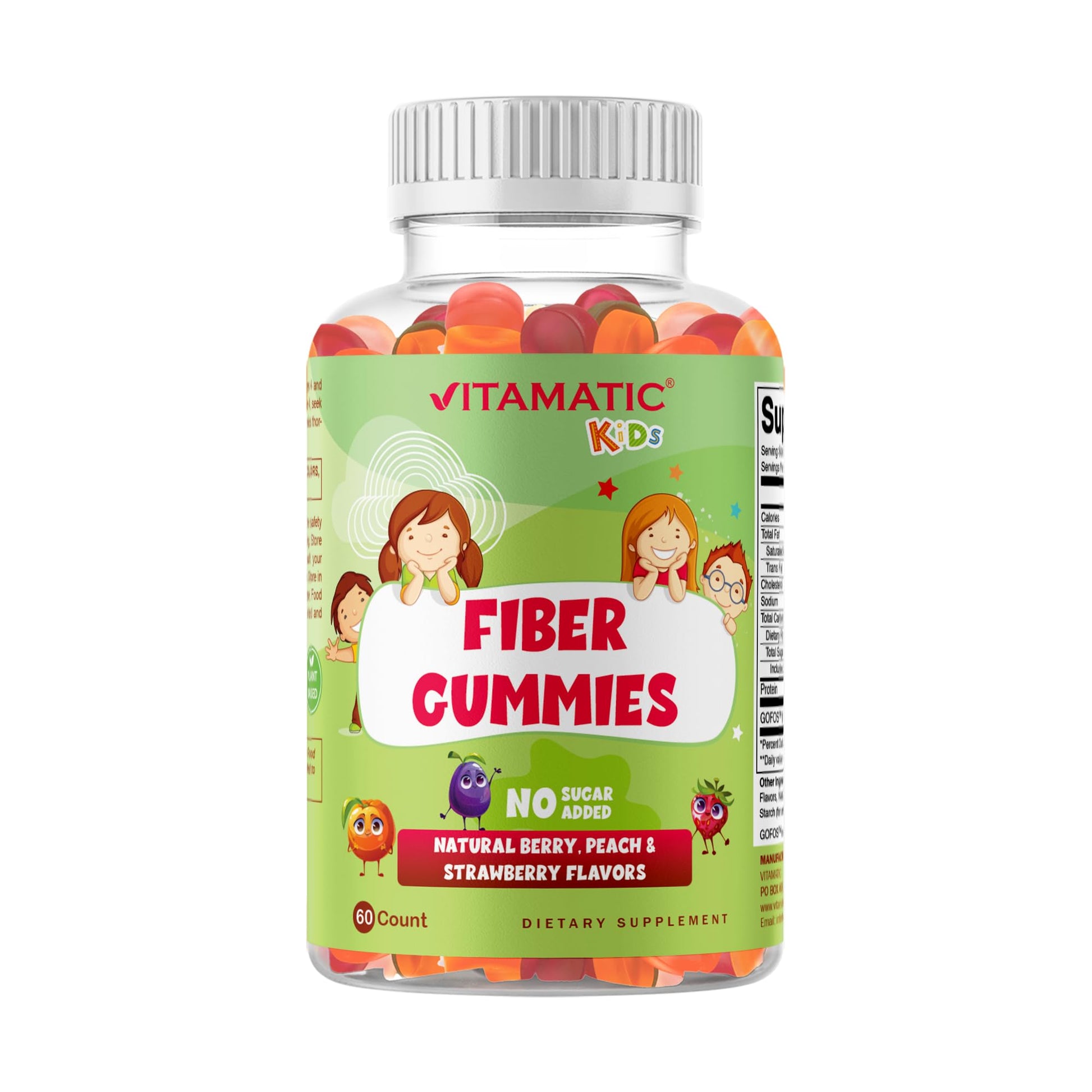 Vitamatic Kids Prebiotic Fiber Gummies – Extra Strength 4g Fiber – Zero Sugar Added – 60 Pectin-Based Gummies – Digestive Health & Regularity Support - Maple Wellness Supplements
