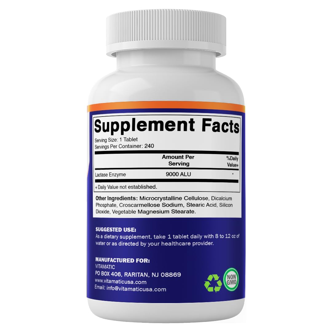 Vitamatic Lactase Enzyme 9000 FCC 240 Tablets - Lactose Intolerance Relief Caplets - Maple Wellness Supplements