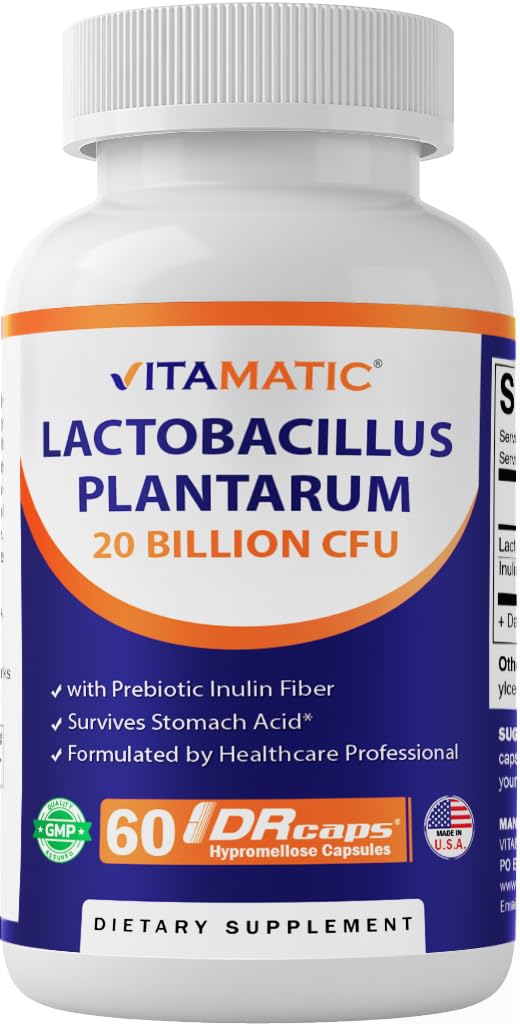 Vitamatic Lactobacillus Plantarum - 20 Billion per DR Capsule - 60 Count - Digestive Support - Made with Prebiotic Inulin Fiber - Maple Wellness Supplements