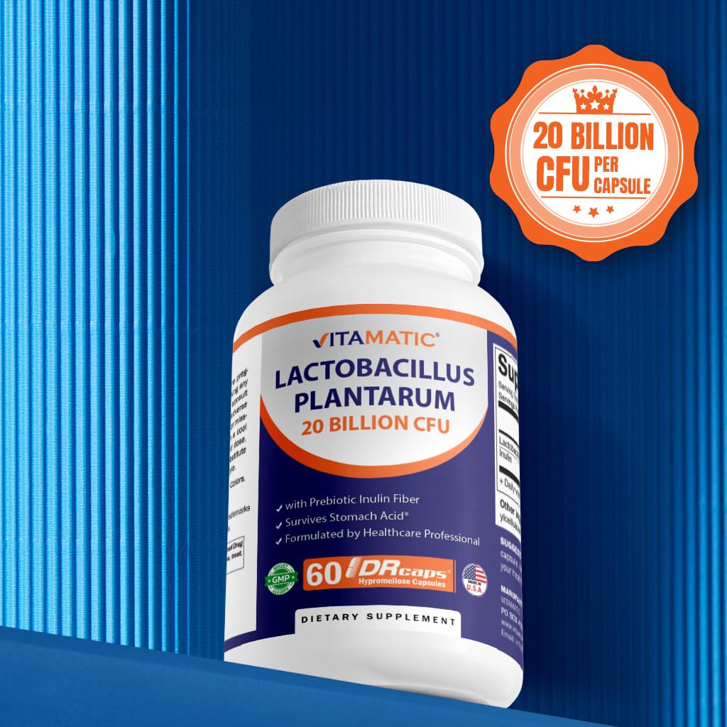Vitamatic Lactobacillus Plantarum - 20 Billion per DR Capsule - 60 Count - Digestive Support - Made with Prebiotic Inulin Fiber - Maple Wellness Supplements