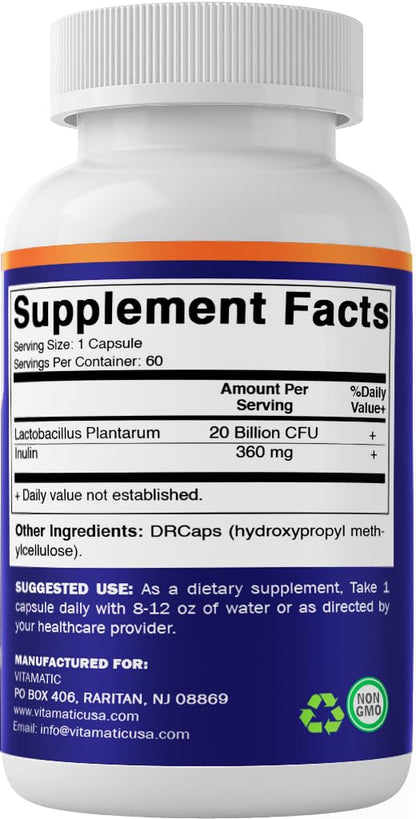 Vitamatic Lactobacillus Plantarum - 20 Billion per DR Capsule - 60 Count - Digestive Support - Made with Prebiotic Inulin Fiber - Maple Wellness Supplements