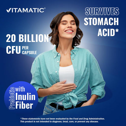 Vitamatic Lactobacillus Plantarum - 20 Billion per DR Capsule - 60 Count - Digestive Support - Made with Prebiotic Inulin Fiber - Maple Wellness Supplements