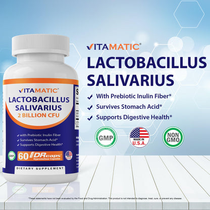 Vitamatic Lactobacillus Salivarius 2 Billion per DR Capsule - 60 Count - Digestive Support - Maple Wellness Supplements