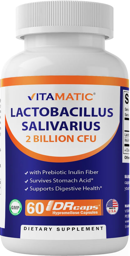 Vitamatic Lactobacillus Salivarius 2 Billion per DR Capsule - 60 Count - Digestive Support - Maple Wellness Supplements