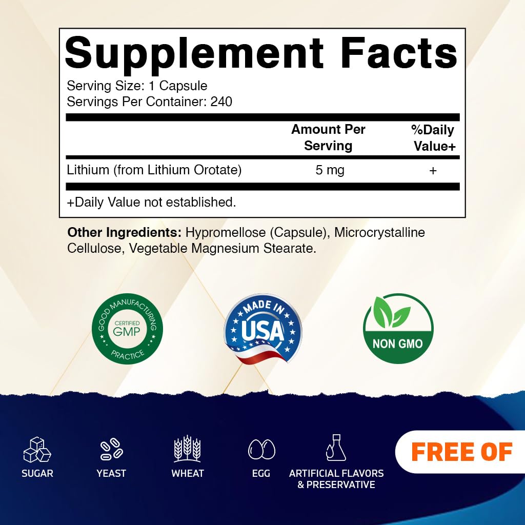 Vitamatic Lithium Orotate 5mg, 240 Veggie Capsules, Non-GMO, Gluten Free. - Maple Wellness Supplements
