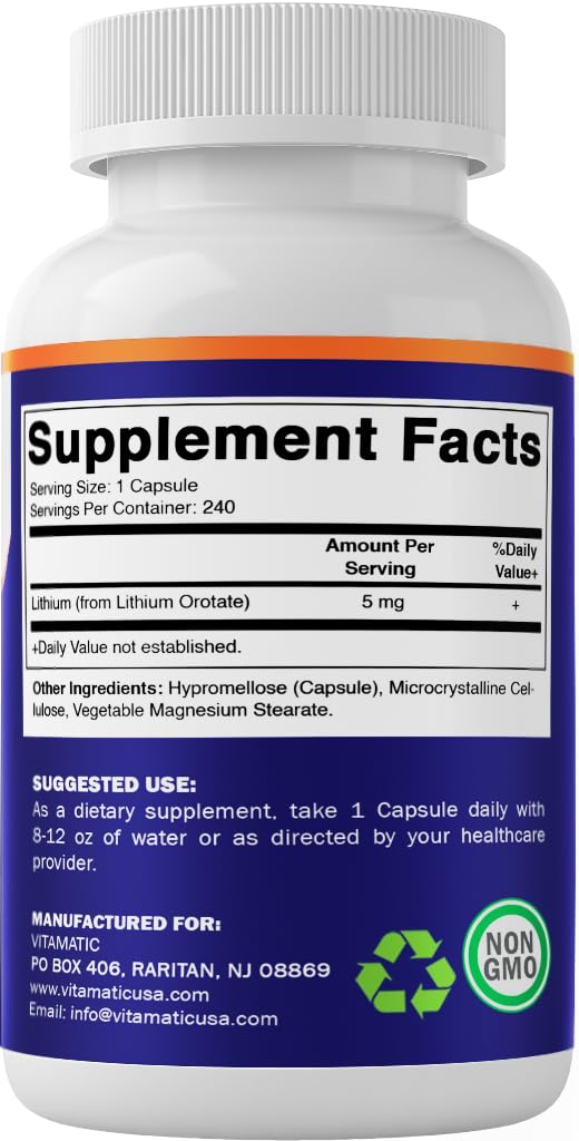 Vitamatic Lithium Orotate 5mg, 240 Veggie Capsules, Non-GMO, Gluten Free. - Maple Wellness Supplements