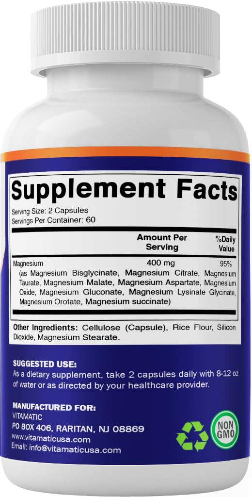 Vitamatic Magnesium Complex, 400mg Elemental MG (as Bisglycinate, Citrate, Taurate, Malate, Aspartate, Oxide, Gluconate, Lysinate Glycinate, Orotate, Succinate) - 120 Capsules per Pack - 2 Pack - Maple Wellness Supplements