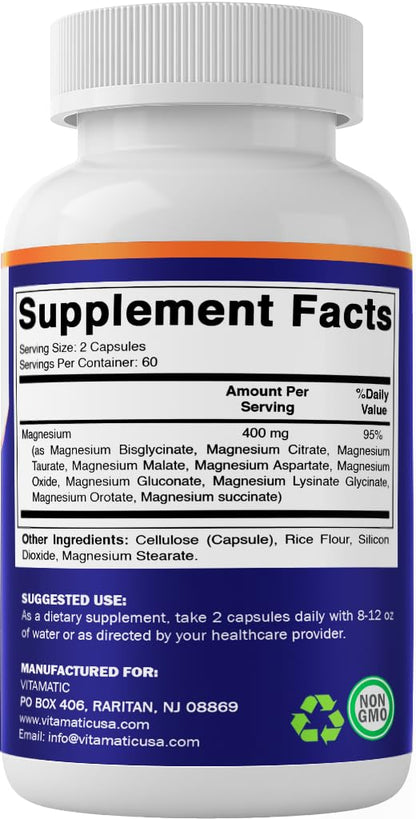 Vitamatic Magnesium Complex, 400mg Elemental MG (as Bisglycinate, Citrate, Taurate, Malate, Aspartate, Oxide, Gluconate, Lysinate Glycinate, Orotate, Succinate) - 120 Capsules per Pack - 2 Pack - Maple Wellness Supplements