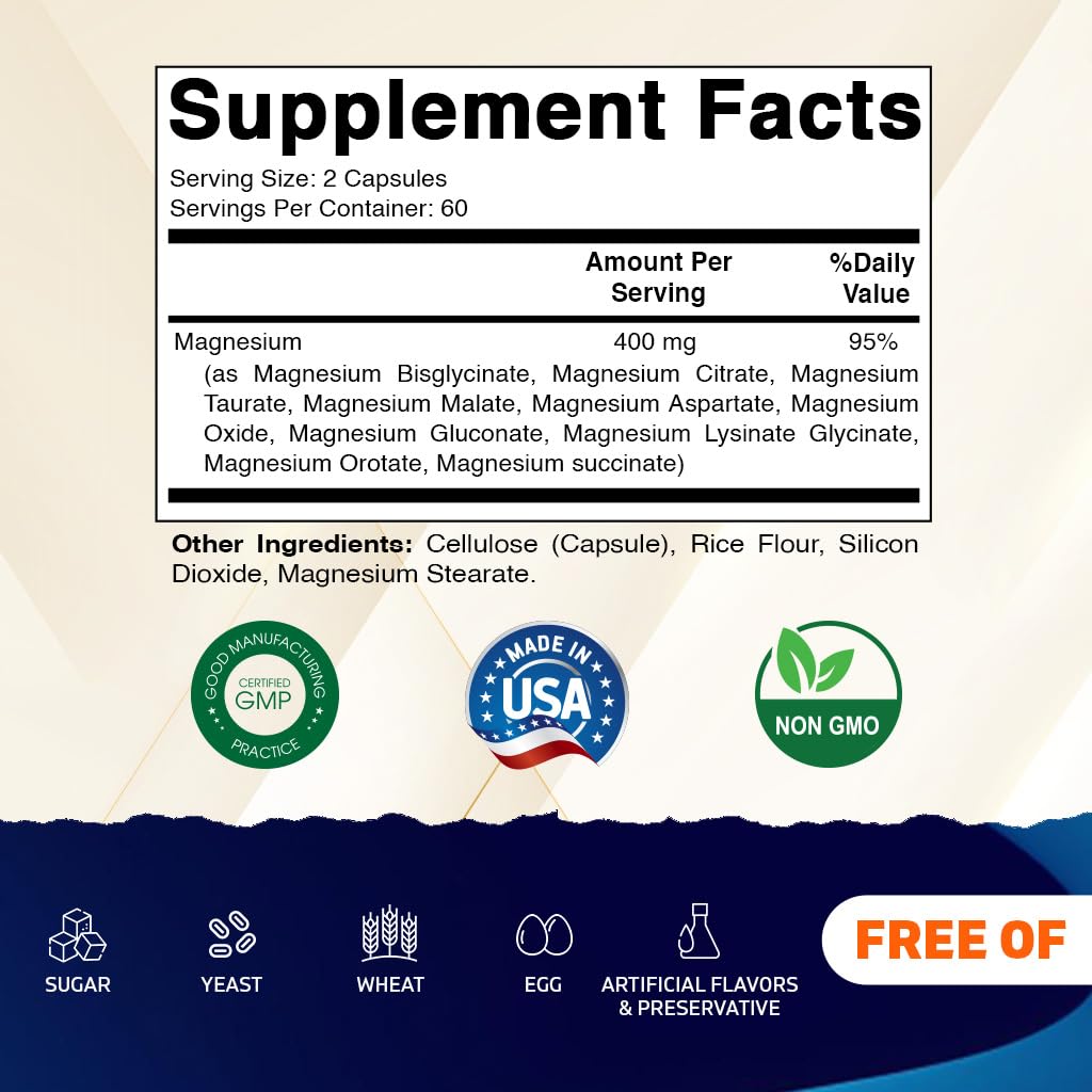 Vitamatic Magnesium Complex, 400mg Elemental MG (as Bisglycinate, Citrate, Taurate, Malate, Aspartate, Oxide, Gluconate, Lysinate Glycinate, Orotate, Succinate) - 120 Capsules per Pack - 2 Pack - Maple Wellness Supplements