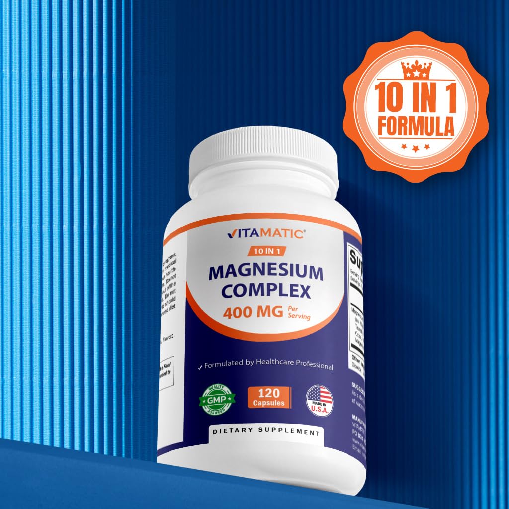Vitamatic Magnesium Complex, 400mg Elemental MG (as Bisglycinate, Citrate, Taurate, Malate, Aspartate, Oxide, Gluconate, Lysinate Glycinate, Orotate, Succinate) - 120 Capsules per Pack - 2 Pack - Maple Wellness Supplements
