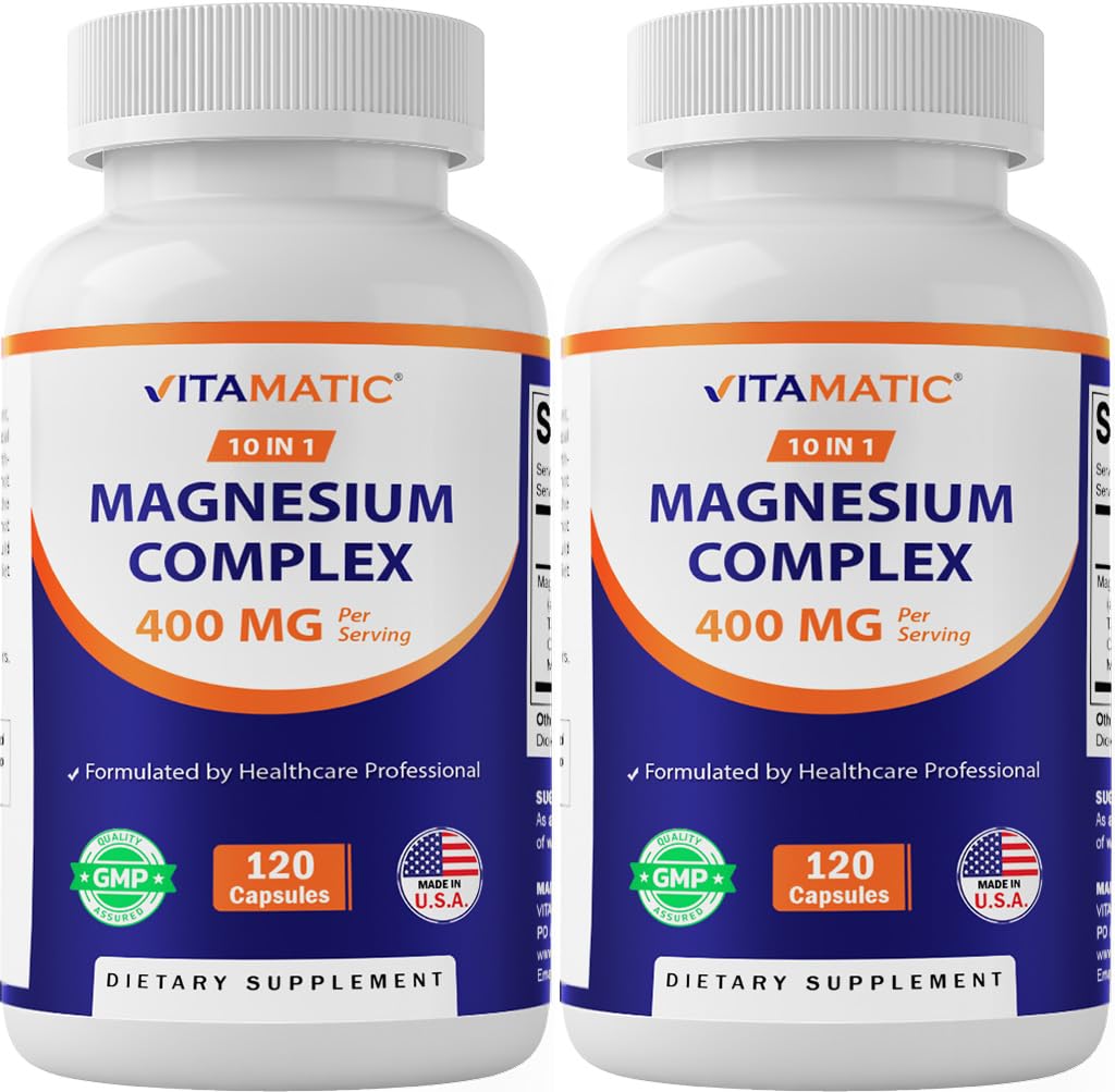 Vitamatic Magnesium Complex, 400mg Elemental MG (as Bisglycinate, Citrate, Taurate, Malate, Aspartate, Oxide, Gluconate, Lysinate Glycinate, Orotate, Succinate) - 120 Capsules per Pack - 2 Pack - Maple Wellness Supplements