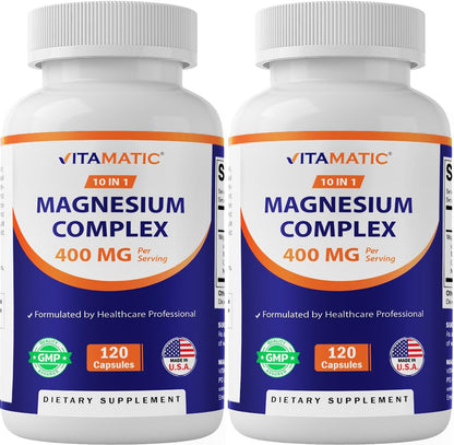 Vitamatic Magnesium Complex, 400mg Elemental MG (as Bisglycinate, Citrate, Taurate, Malate, Aspartate, Oxide, Gluconate, Lysinate Glycinate, Orotate, Succinate) - 120 Capsules per Pack - 2 Pack - Maple Wellness Supplements