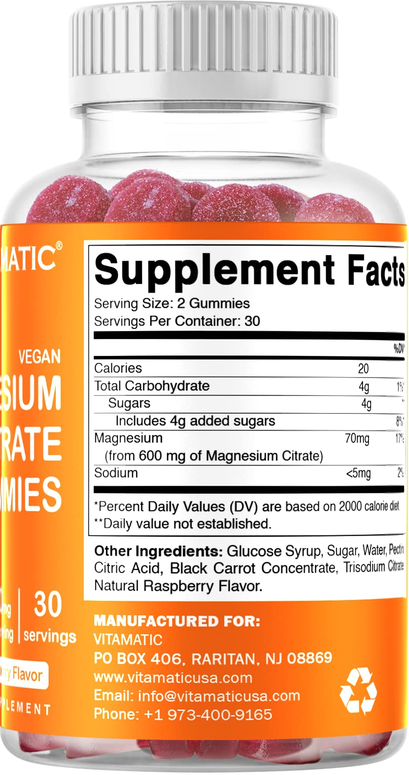 Vitamatic Magnesium Gummies 600mg per Serving – 60 Vegan Gummies – Relaxation, Muscle, Bone & Energy Support – 3 Pack - Maple Wellness Supplements
