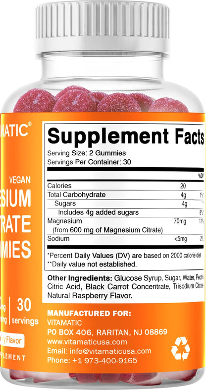 Vitamatic Magnesium Gummies 600mg per Serving – 60 Vegan Gummies – Relaxation, Muscle, Bone & Energy Support – 3 Pack - Maple Wellness Supplements