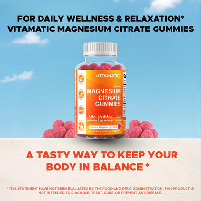 Vitamatic Magnesium Gummies 600mg per Serving – 60 Vegan Gummies – Relaxation, Muscle, Bone & Energy Support – 3 Pack - Maple Wellness Supplements