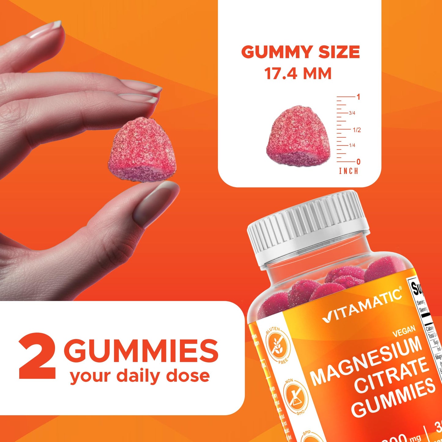 Vitamatic Magnesium Gummies 600mg per Serving – 60 Vegan Gummies – Relaxation, Muscle, Bone & Energy Support – 3 Pack - Maple Wellness Supplements