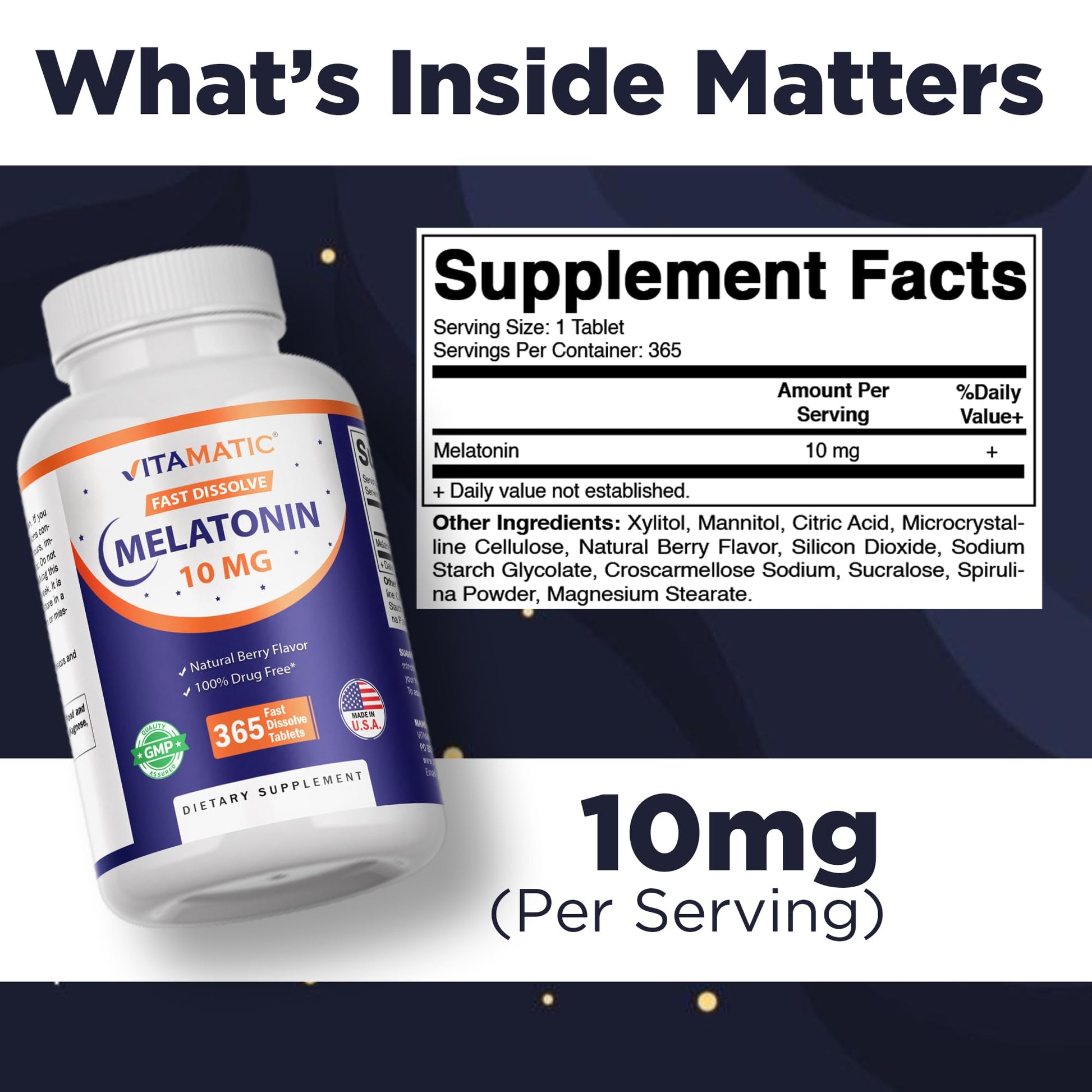 Vitamatic Melatonin 10 mg Fast Dissolve Tablets – Quick-Dissolving Sleep Support Supplement for Adults – Vegetarian, Non-GMO & Gluten-Free - Maple Wellness Supplements