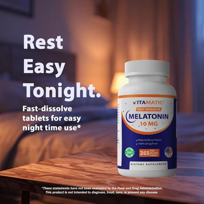 Vitamatic Melatonin 10 mg Fast Dissolve Tablets – Quick-Dissolving Sleep Support Supplement for Adults – Vegetarian, Non-GMO & Gluten-Free - Maple Wellness Supplements