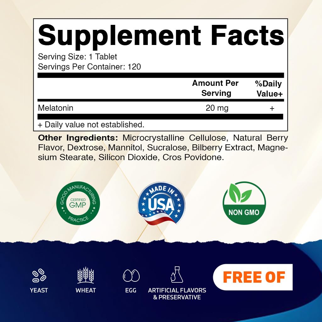 Vitamatic Melatonin 20mg for Sleep Support | Vegetarian, Non-GMO, Gluten Free | HIGH Potency 20 MG | Natural Berry Flavor 120 - Maple Wellness Supplements