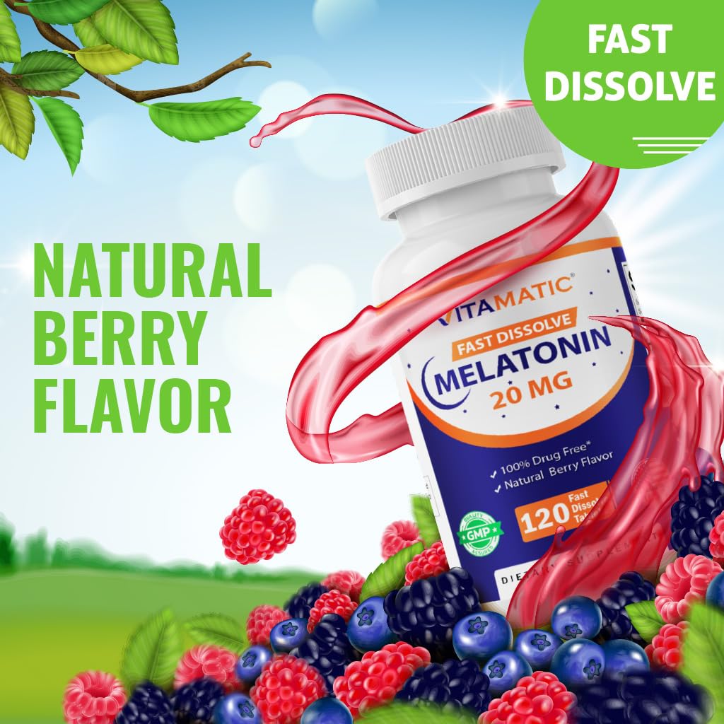 Vitamatic Melatonin 20mg for Sleep Support | Vegetarian, Non-GMO, Gluten Free | HIGH Potency 20 MG | Natural Berry Flavor 120 - Maple Wellness Supplements