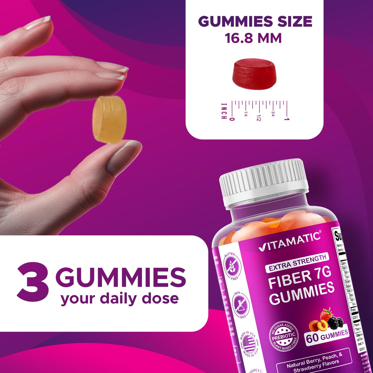 Vitamatic Prebiotic Fiber Gummies for Adults – 2 Pack (Total 120 Gummies) 7g Fiber per Serving | Extra Strength | Zero Sugar Added | Pectin-Based - Maple Wellness Supplements