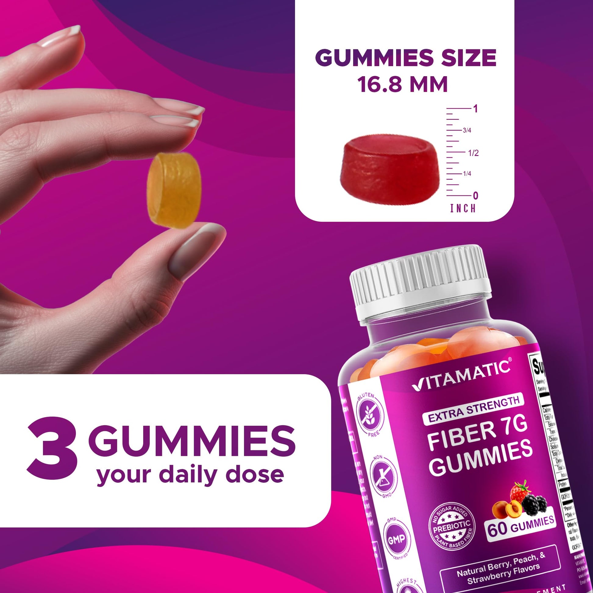 Vitamatic Prebiotic Fiber Gummies for Adults – 2 Pack (Total 120 Gummies) 7g Fiber per Serving | Extra Strength | Zero Sugar Added | Pectin-Based - Maple Wellness Supplements