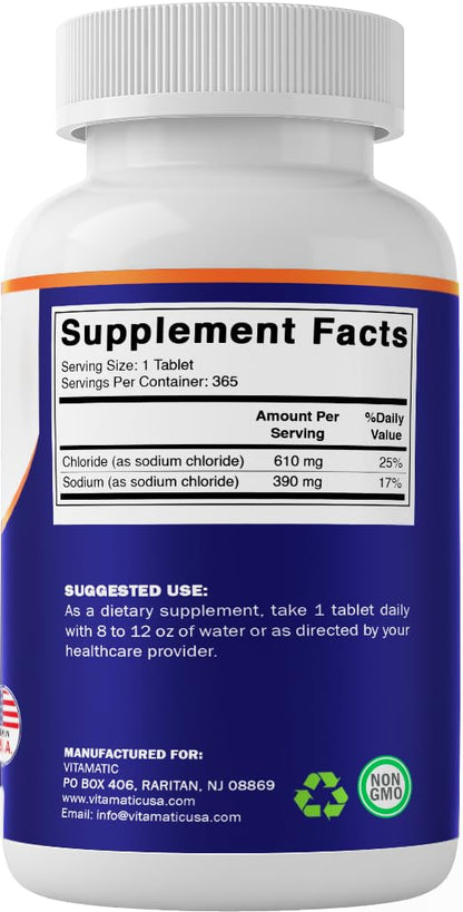 Vitamatic Sodium Chloride 1000mg – 365 Tablets Electrolyte Replenisher & Hydration Support – Non-GMO, Gluten-Free - Maple Wellness Supplements